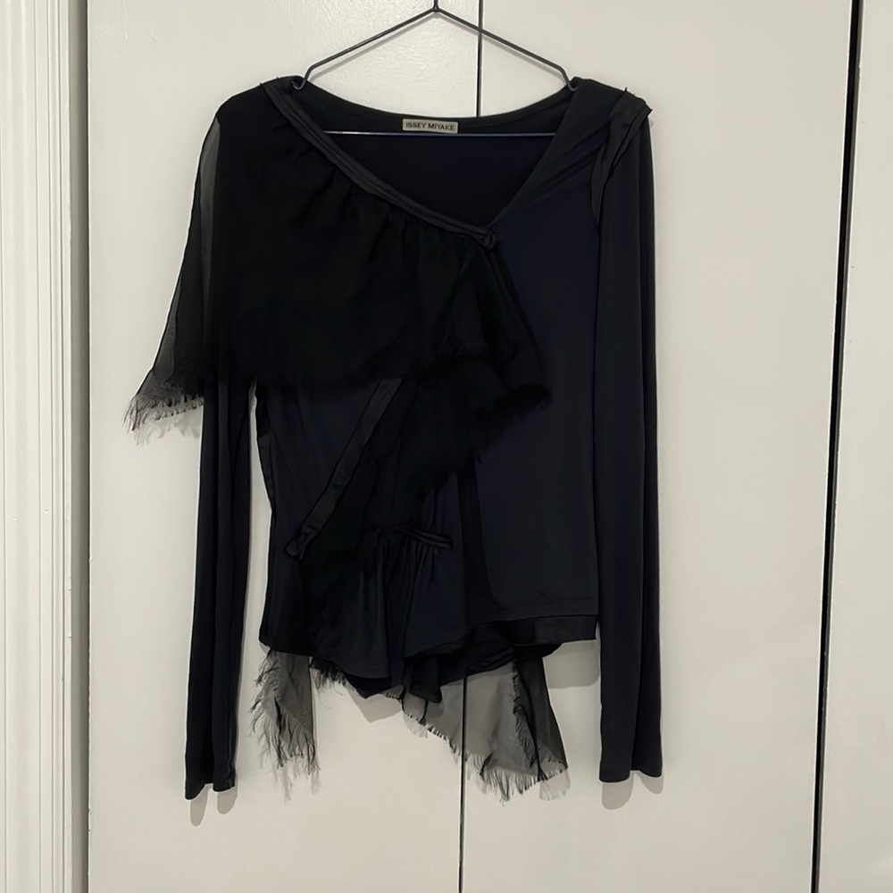 Issey Miyake black knit top with complex layering of chiffons and satin.